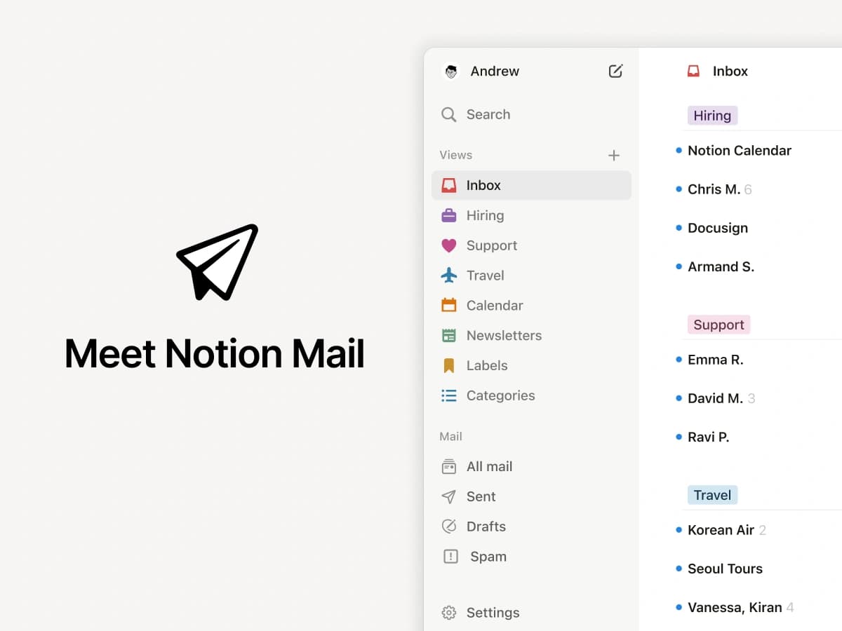 Interface do Notion Mail com caixa de entrada de e-mails