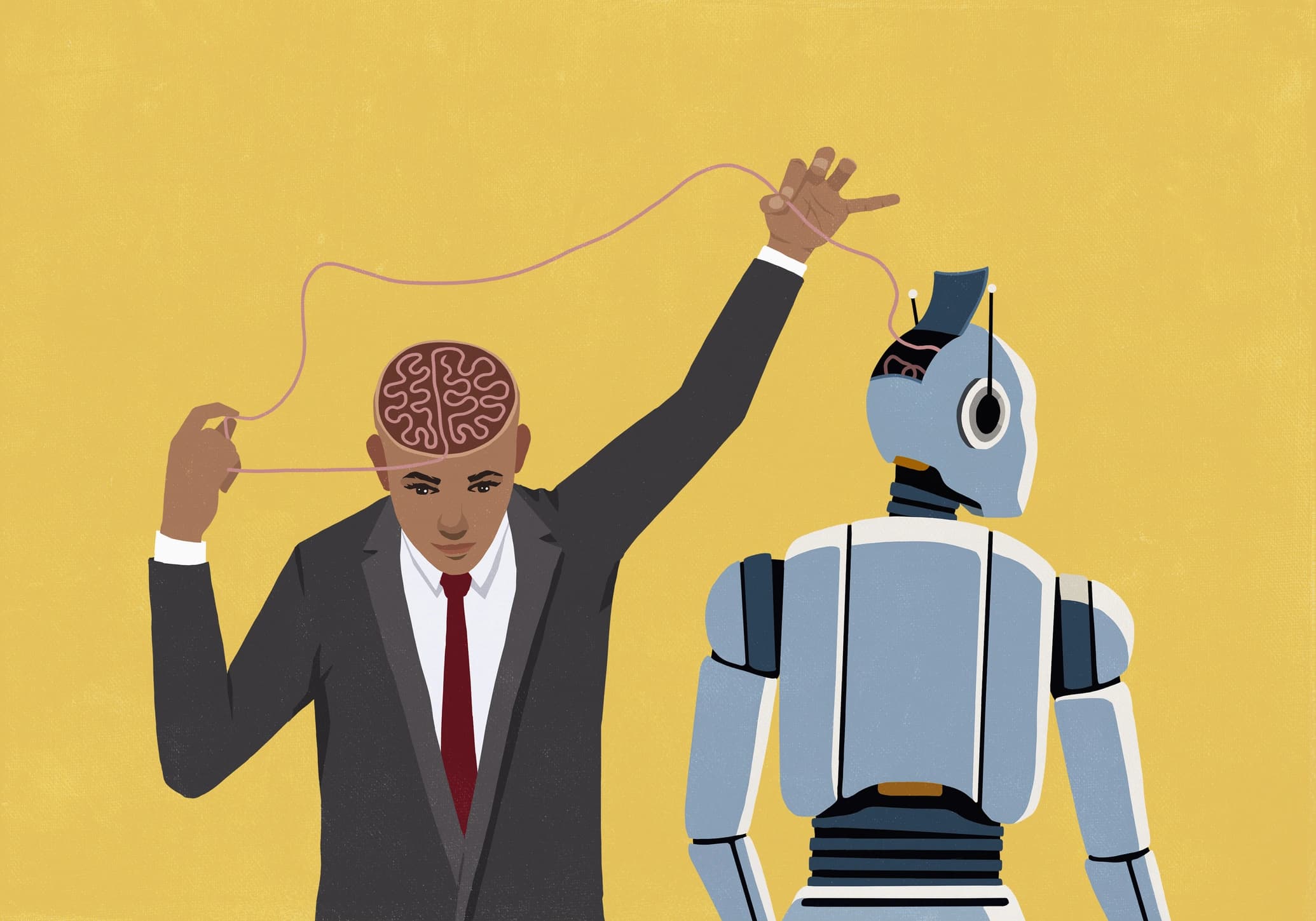 Businessman pulling at thread connecting his brain and open head of AI robot on yellow background