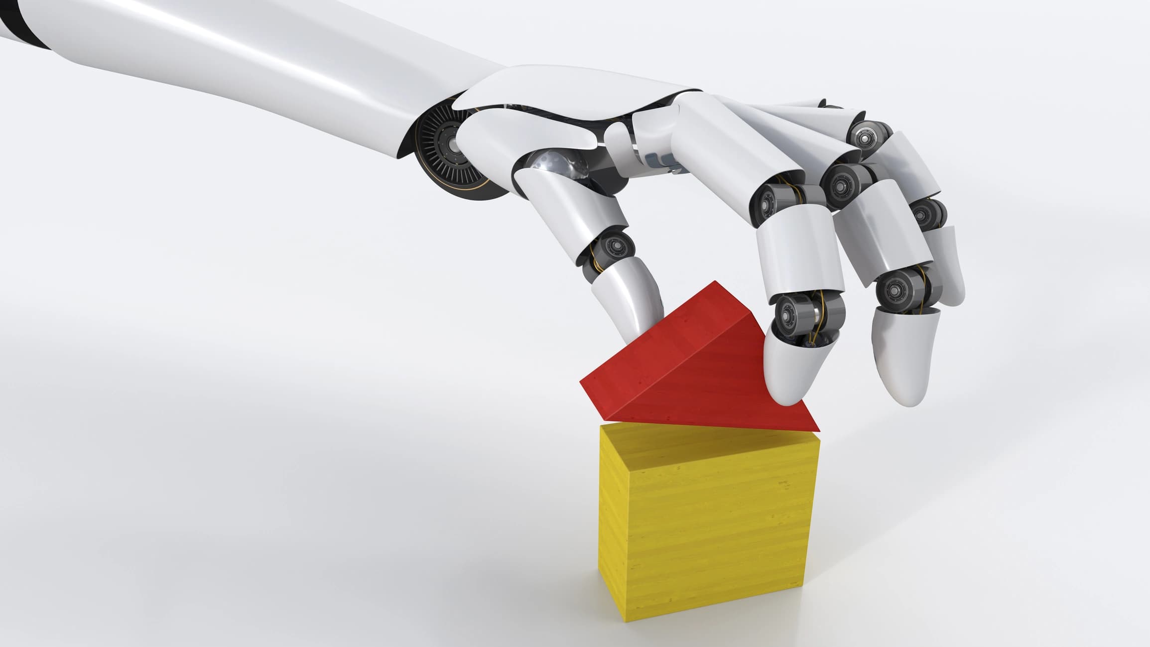 Mão robótica montando blocos representando implementação de IA em empresas