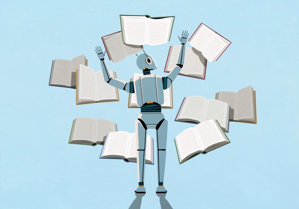 Ilustracao de bot de IA lendo multiplos livros simultaneamente