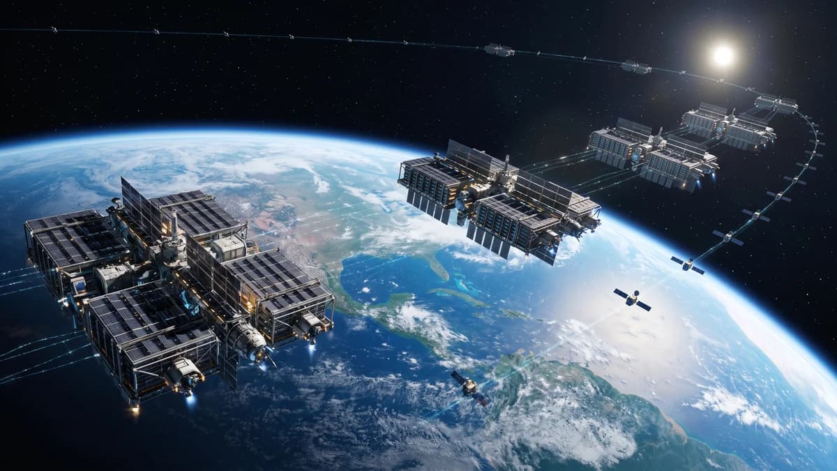 Representacao artistica de data centers orbitais no espaco com a Terra ao fundo