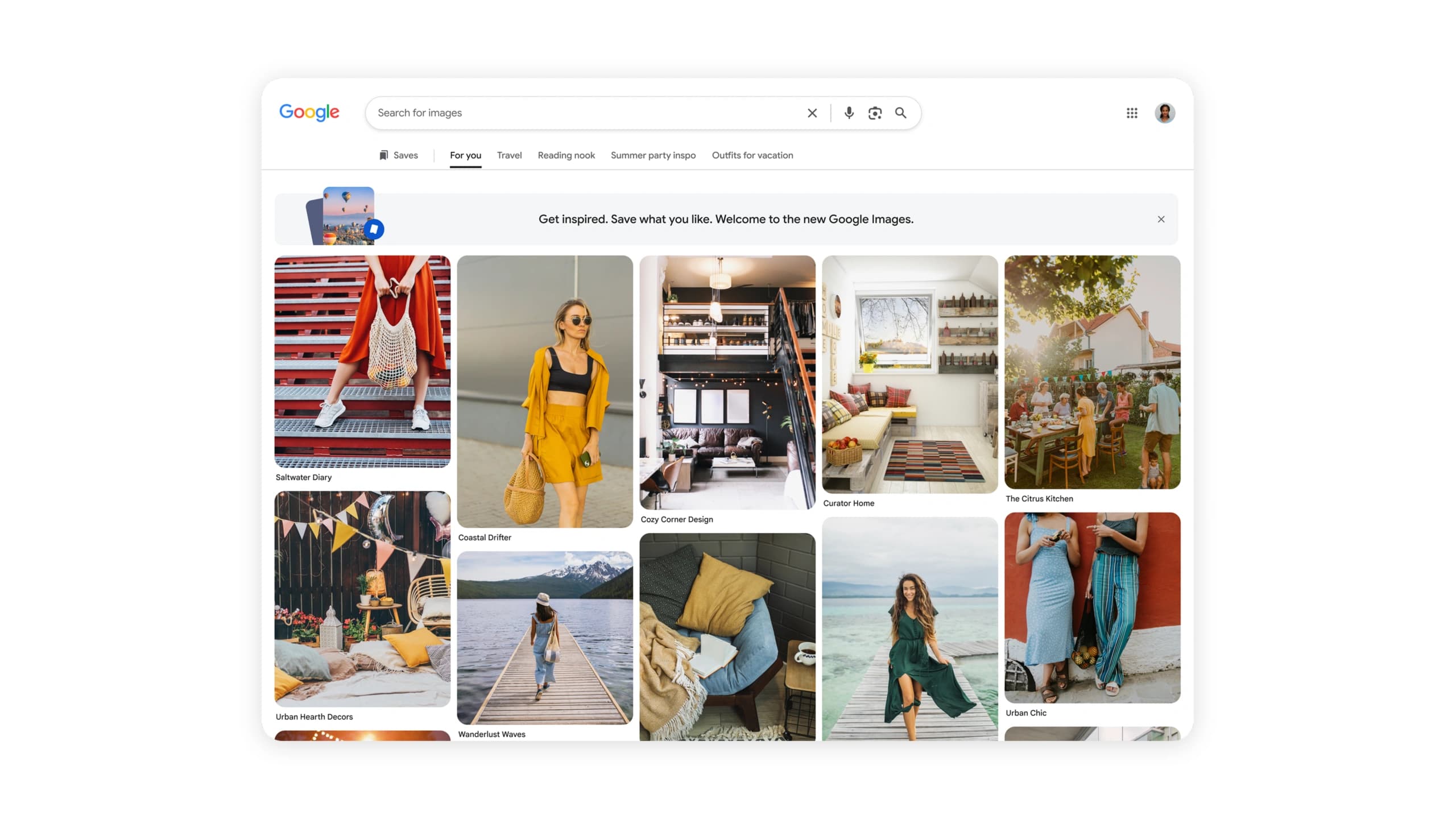Nova interface do Google Images com galeria de descoberta estilo Pinterest