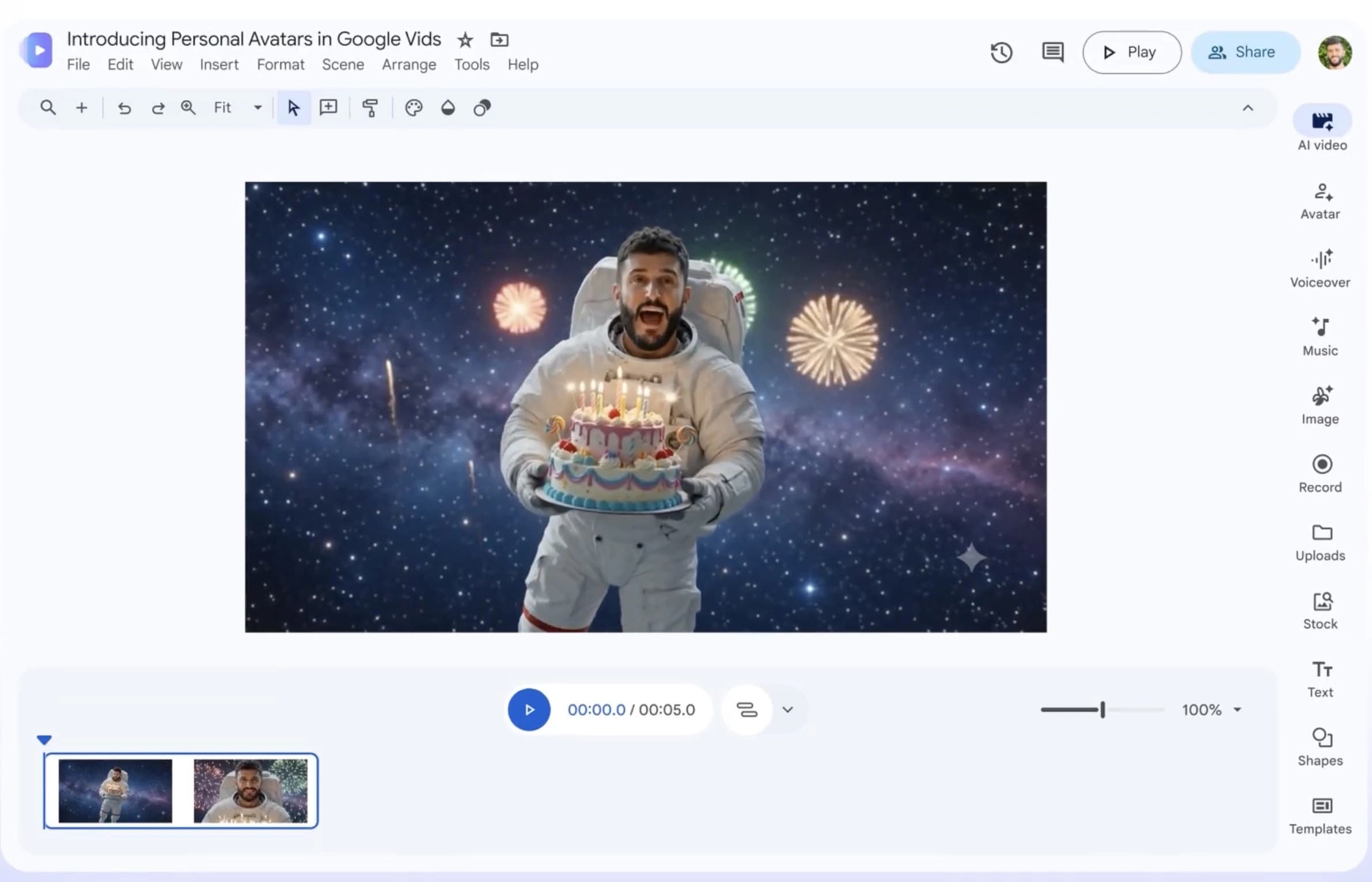 Interface do Google Vids com avatar digital gerado por inteligencia artificial