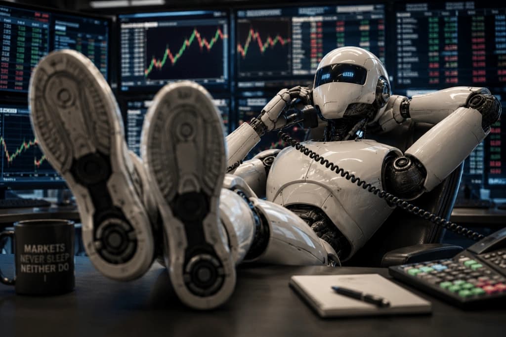 Robo sentado em mesa de trabalho representando automacao por IA