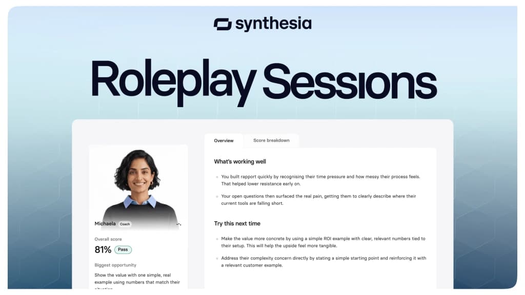 Interface do Roleplay Sessions da Synthesia mostrando avatar de IA em sessão de treinamento corporativo