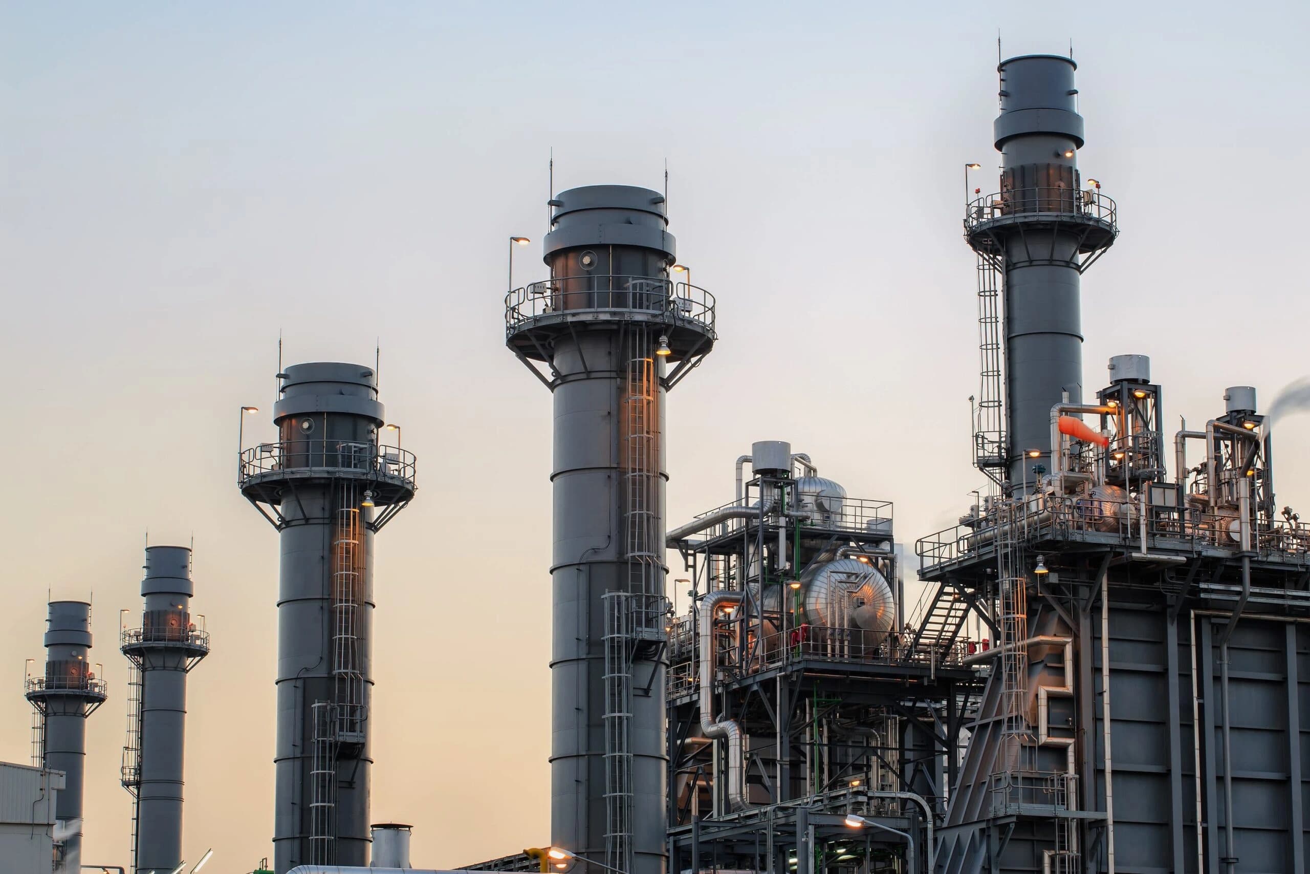 Gas turbine electrical power plant at dusk with twilight