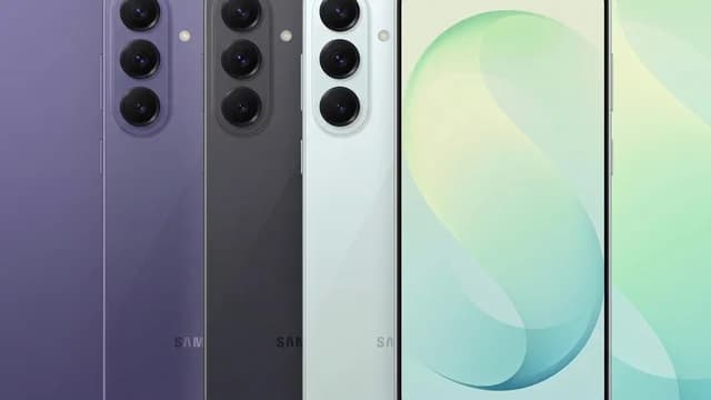 Renders do Galaxy S26 FE mostrando design com módulo oval de câmera e três opções de cores
