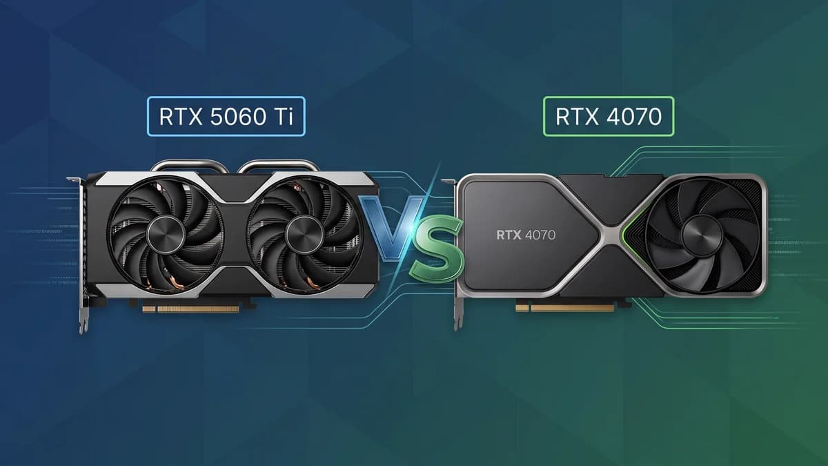 Placa de video NVIDIA RTX 5060 Ti ao lado de uma RTX 4070 em mesa de testes de benchmark
