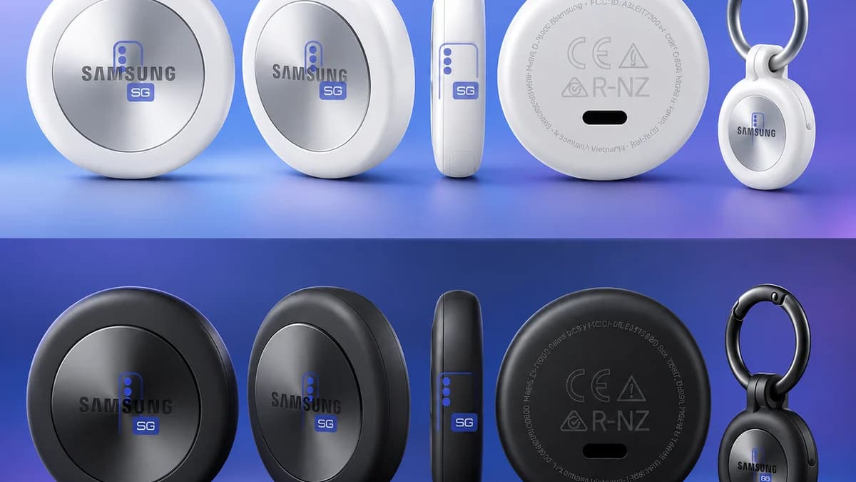Imagem vazada do Galaxy SmartTag 3 da Samsung com design quadrado em fundo branco