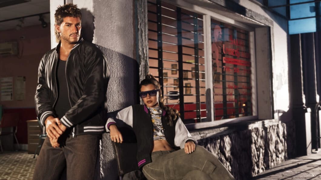 Arte promocional de GTA 6 com os personagens Jason Duval e Lucia em Vice City
