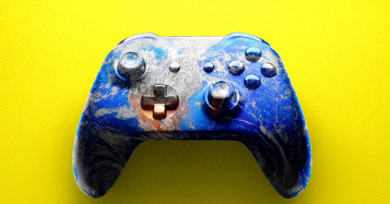 Controle de videogame sobreposto ao planeta para ilustrar dados de jogos usados no treinamento de IA