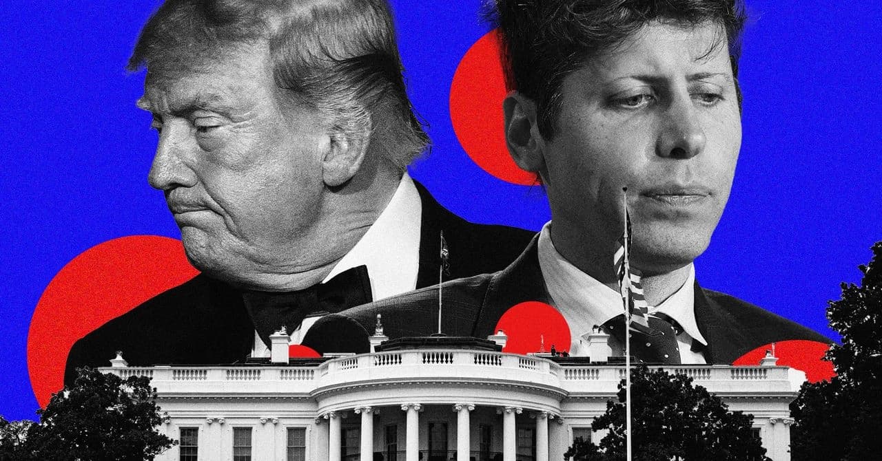 Fotomontagem de Sam Altman e Donald Trump diante da Casa Branca